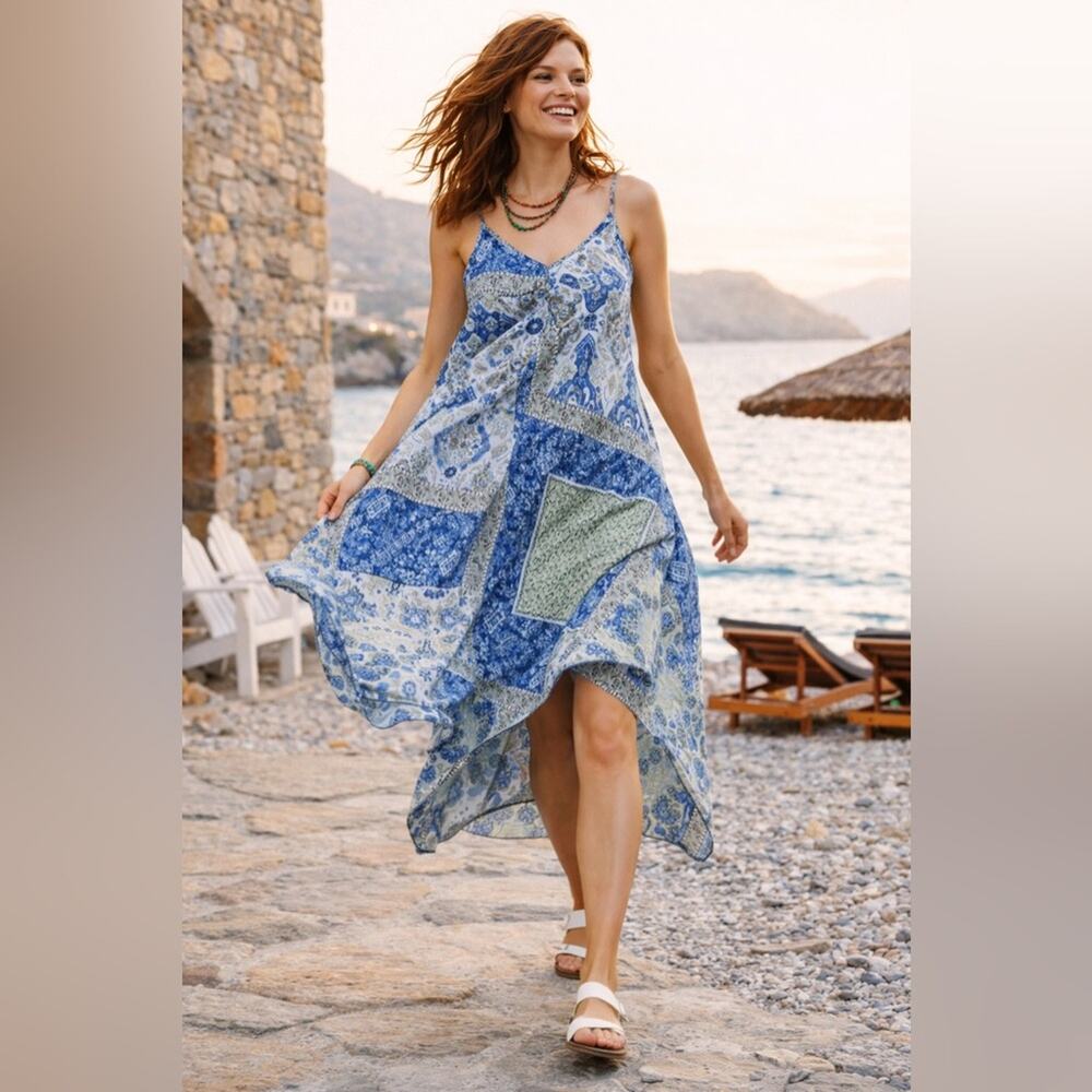 Organic Viscose Boho Patchwork Dress S/M Flowy High Low Hem Adjustable Straps